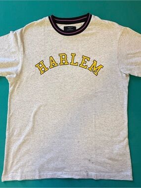 HARLEM Graphic Ringer Tee - Light Gray with Yellow Lettering